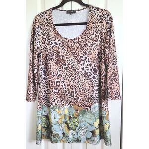 Slinky Brand Medium Animal Print & Floral Top Blouse‎ Stretch 3/4 Sleeve